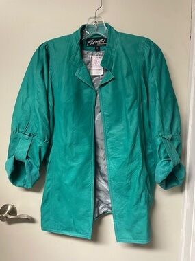 Vintage Teal Leather Jacket - Women's Open Front Coat